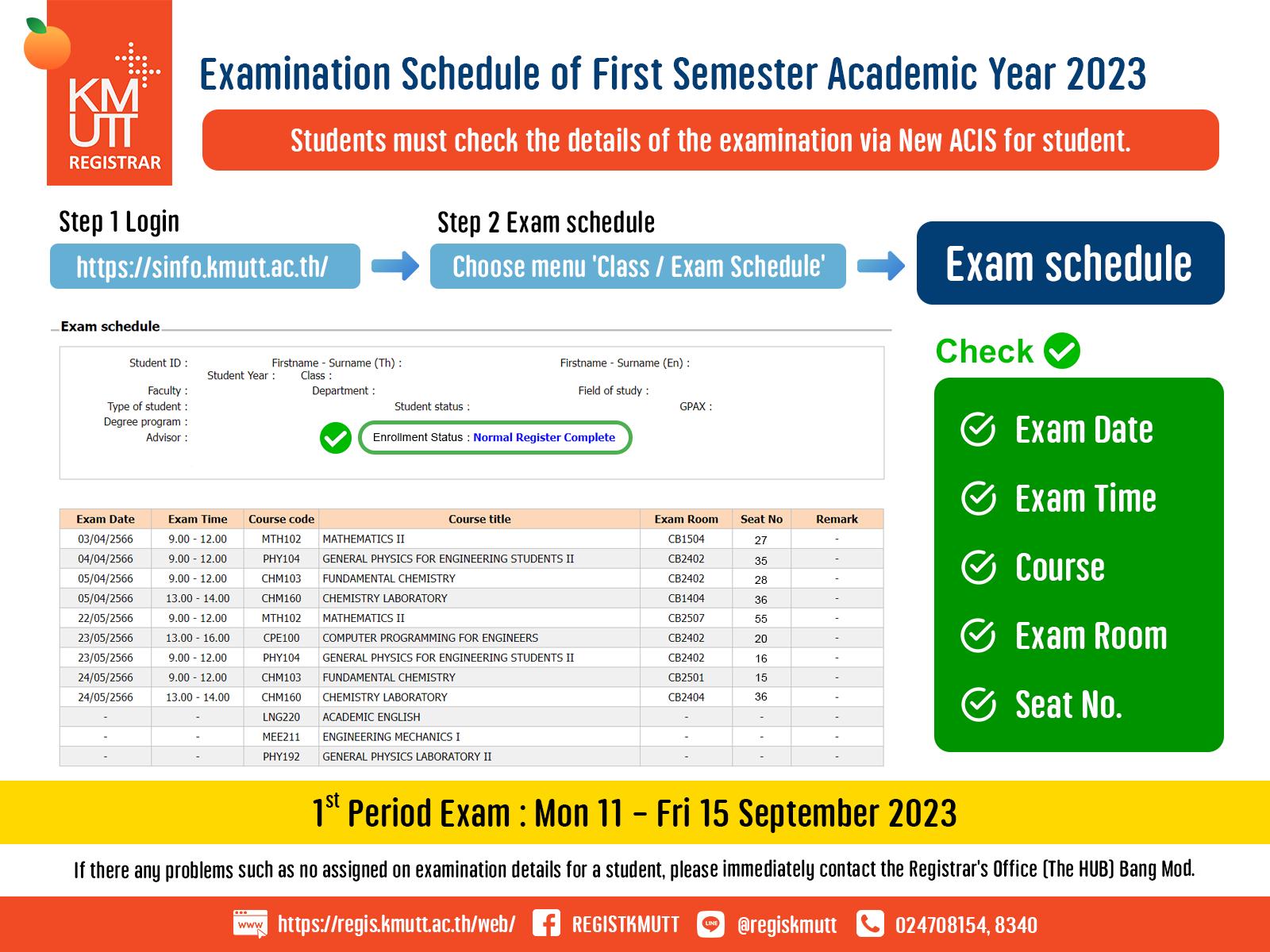  ตรวจสอบตารางสอบ 1/2566 สอบช่วงที่ 1 : จ.11 - ศ.15 กันยายน 2566  Examination Schedule 1/2023 1 st Period : Mon 11 - Fri 15 September 2023