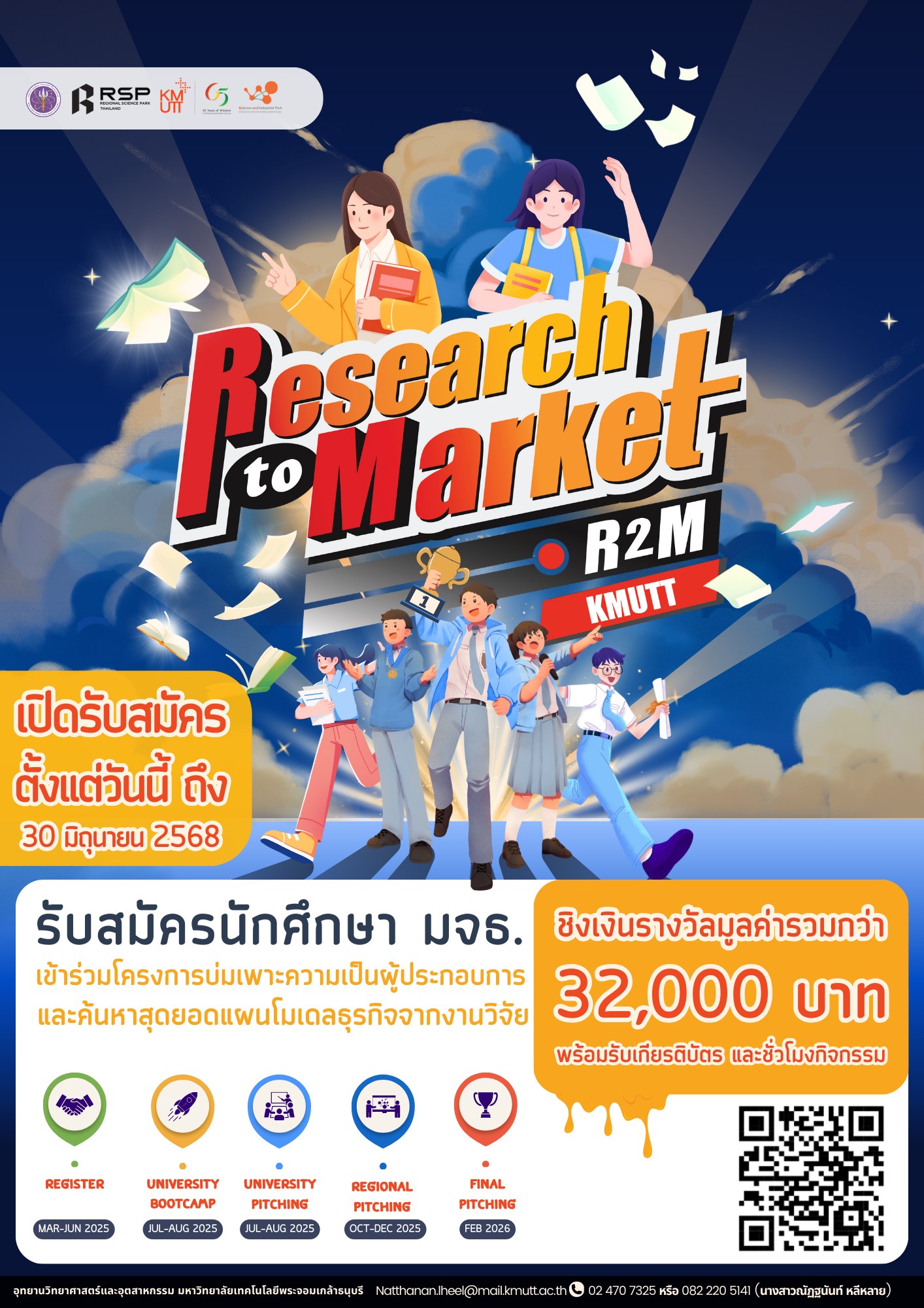 ขอเชิญชวนนักศึกษา อาจารย์และนักวิจัย ร่วมผลักดันงานวิจัยจากหิ้งสู่ห้าง กับ โครงการ "เส้นทางสู่นวัตวณิชย์ (Research to Market: R2M) ครั้งที่ 13"  ชิงเงินรางวัลรวมกว่า 32,000 บาท พร้อมโอกาสไปแข่งระดับประเทศ!